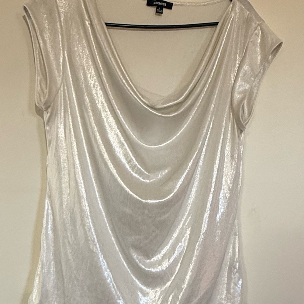 Premise Shimmery Draped Cowl Neck Cap Sleeve Top in Pearlescent White